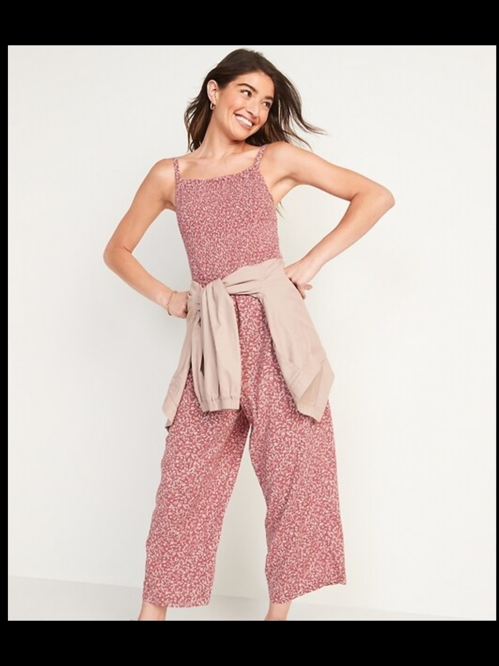 Old Navy Spring Pink Ditzy Floral Smocked Cami Jumpsuit Womens M Tall
